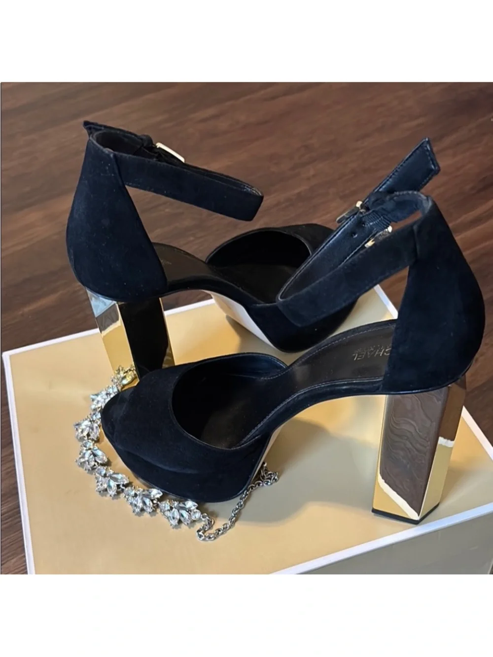 Michael Kors Black Suede Platform Sandals with Gold 3D Heel